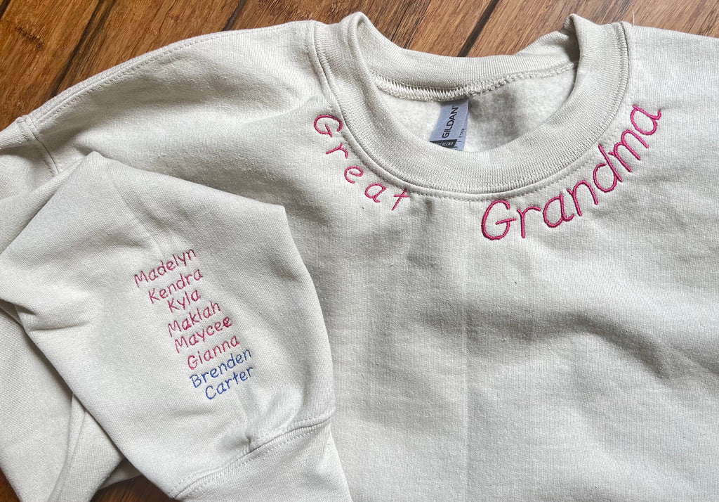 Personalized name on neck sweater, mama, Grammy, gigi, nana, with name on sleeve