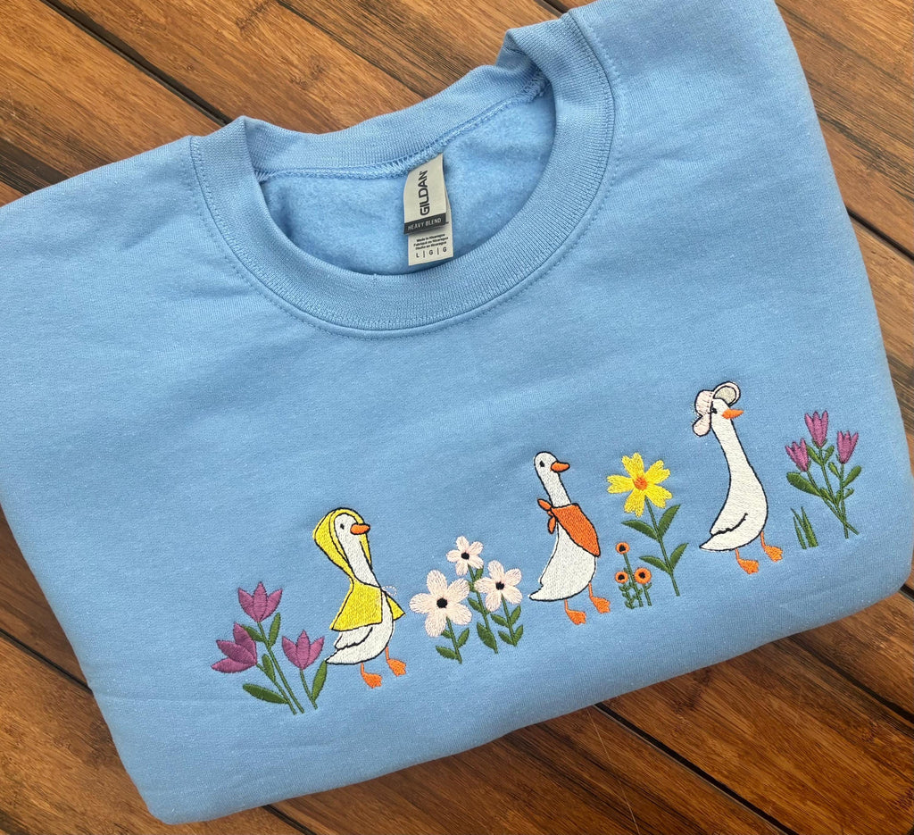 Cute spring goose embroidered sweater, flowers, spring, silly goose
